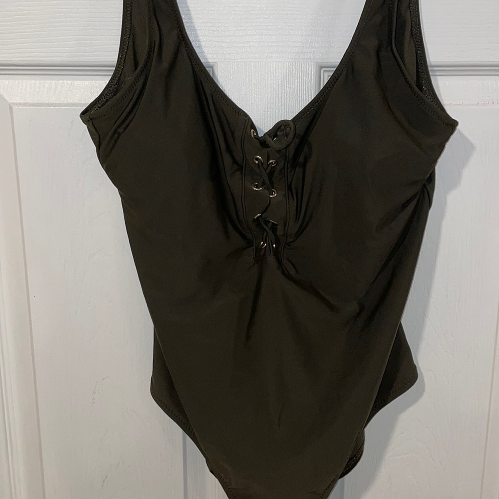 Army green one piece swim suit, tied front and low back size xl